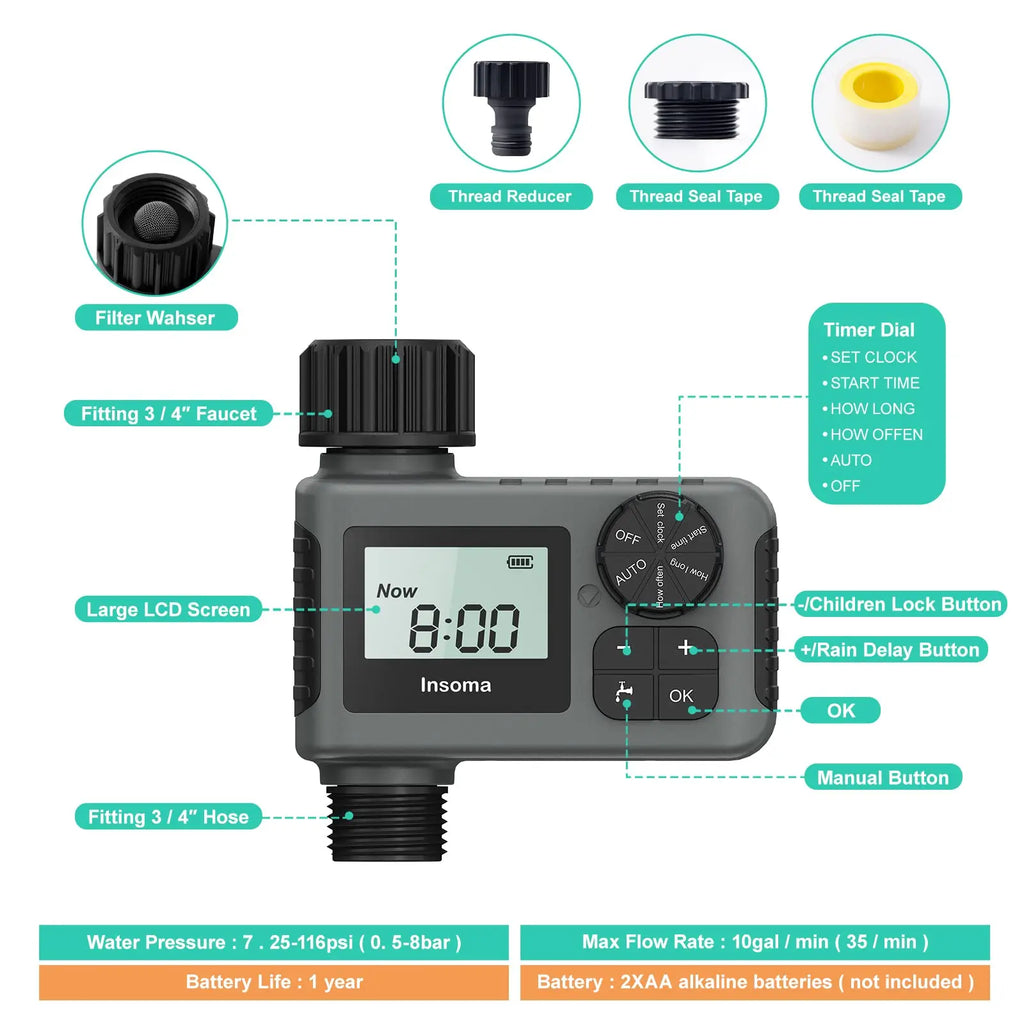 Smart Irrigation System with Automatic Water Timer and LCD Display, IPX5 Rated Sprinkler Control for Garden Optimization